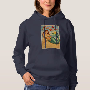 Beach Babe Pin-Up Mermaid Art   Retro Coastal Life Hoodie