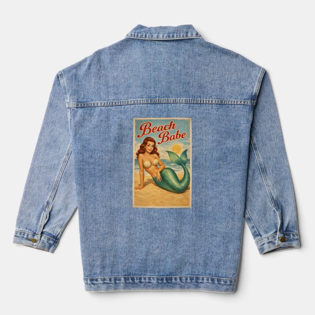 Beach Babe Pin-Up Mermaid Retro Coastal Life Art Denim Jacket (Back)