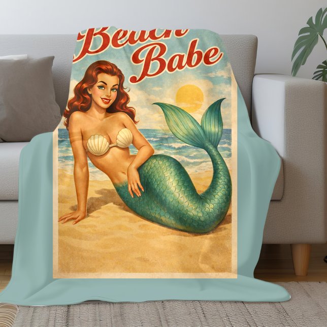 Beach Babe Pin-Up Mermaid -Retro Coastal Life Teal Fleece Blanket (Creator Uploaded)