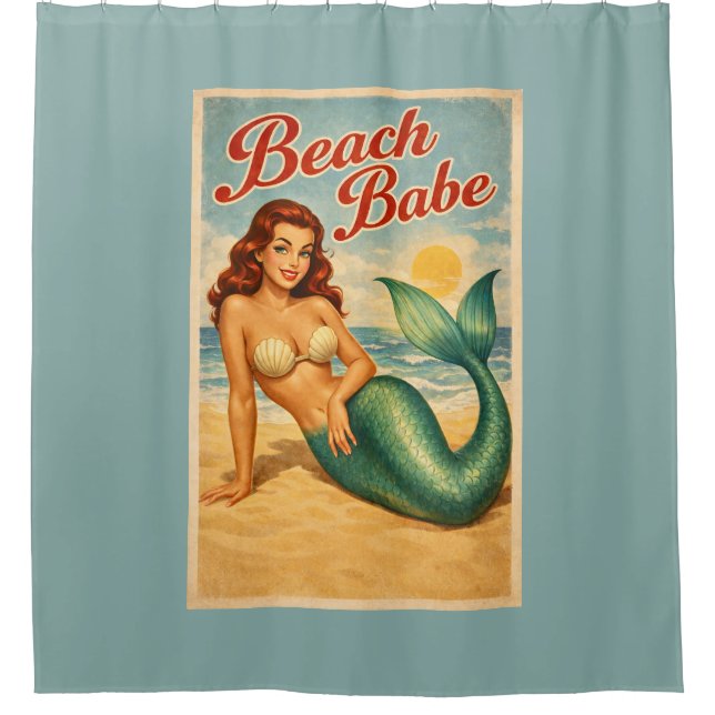 Beach Babe Pin-Up Mermaid -Retro Coastal Teal Blue Shower Curtain (Front)