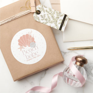 Beach Babe Seashell Pink Girl Baby Shower Classic Round Sticker