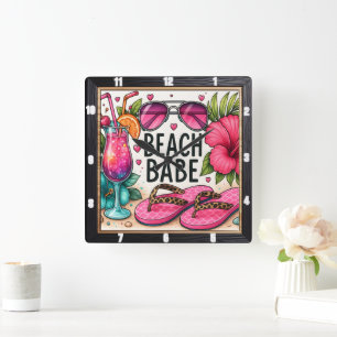 Beach Babe Sunglasses Flip Flop Square Wall Clock