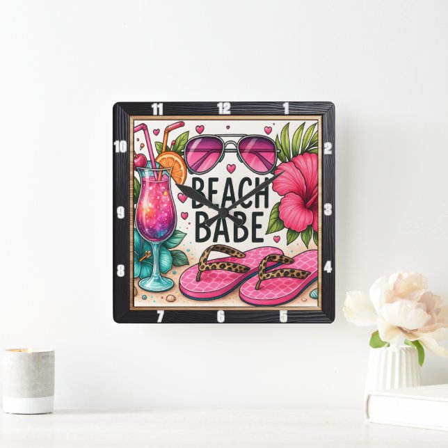 Beach Babe Sunglasses Flip Flop Square Wall Clock (Home)