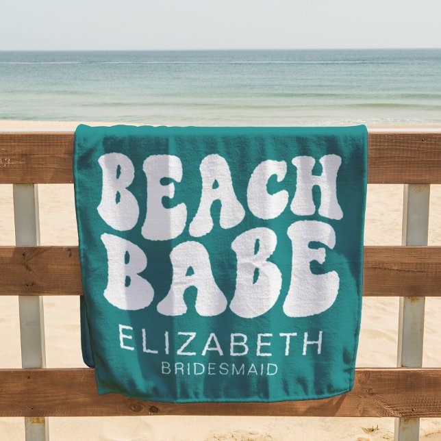 Beach Babe Teal Cool Bachelorette Party Retro Beach Towel (Creator Uploaded)