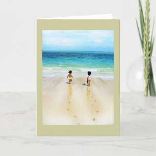 Beach babies in sand run to ocean card