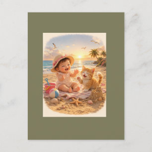 Beach Baby and Kitten Sandcastle Joy Postcard