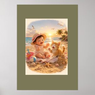 Beach Baby and Kitten Sandcastle Joy Poster