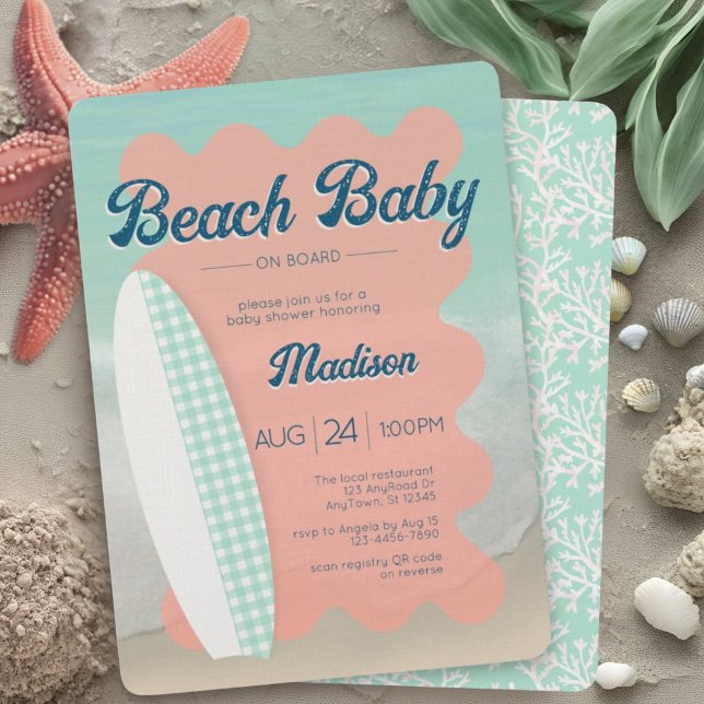 Beach Baby on Board Coral Mint Gingham Baby Shower Invitation (Creator Uploaded)