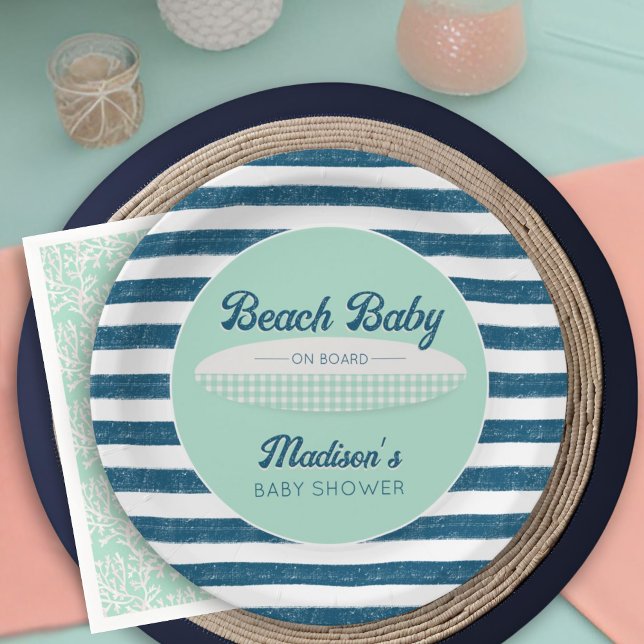 Beach Baby on Board Navy Stripes Mint Baby Shower Paper Plate (Creator Uploaded)