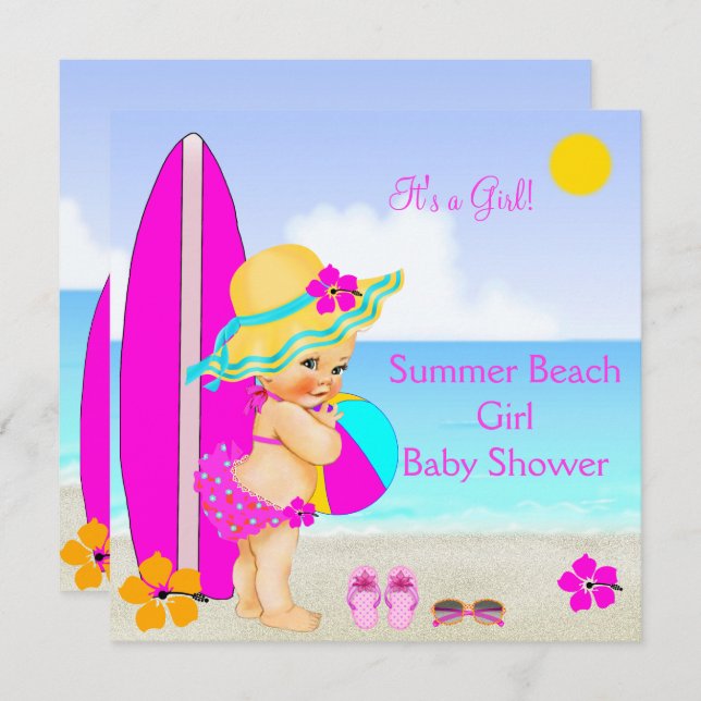 Beach Baby Shower Girl Pink Teal Blue Sunhat Invitation (Front/Back)