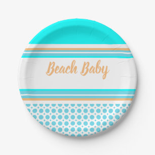 Beach Baby Stripe Pattern Orange Aqua Blue Party Paper Plate