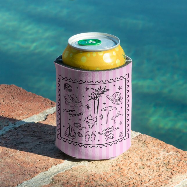 Beach Bachelorette Can Cooler – Retro Stripes (In Situ Pool)