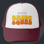 Beach Bachelorette Party Bride Squad Bridesmaid Trucker Hat<br><div class="desc">Make a splash at your upcoming bachelorette party with this stunning retro bachelorette party personalised merchandise. Whether you're celebrating a bach trip, a girls' vacation, or a best friends' holiday, this custom groovy bachelorette party merchandise is the perfect addition to your unforgettable getaway. Add a personal touch to your bachelorette...</div>