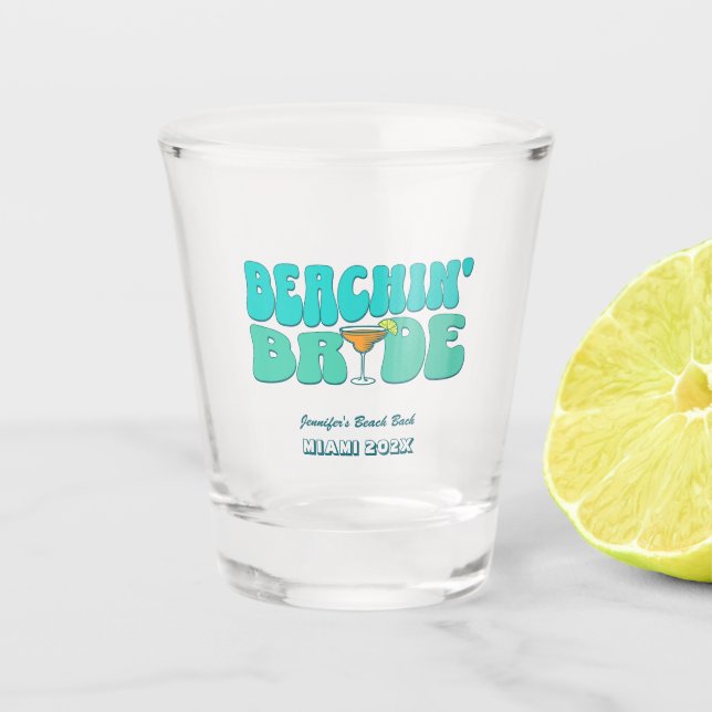 Beach Bachelorette Party Groovy Beachin Bride Shot Glass (Front)