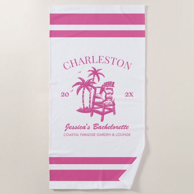 Beach Bachelorette Party Pink Custom Bridesmaid Beach Towel (Front)