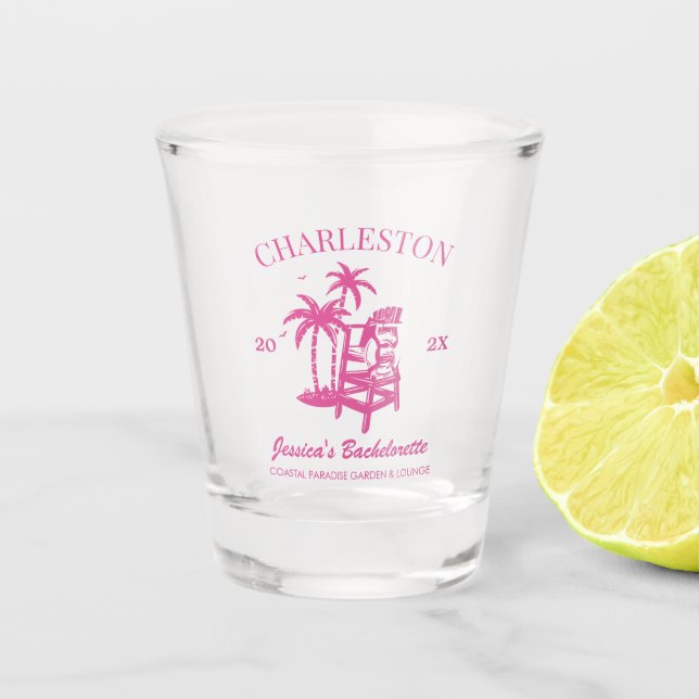 Beach Bachelorette Party Pink Custom Bridesmaid Shot Glass (Front)