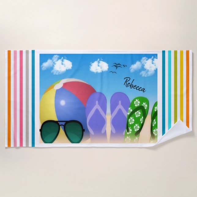Beach Ball and Flip Flops Beach Towel (Front)
