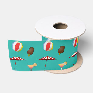Beach balls, ice cream and cocktail on green satin ribbon