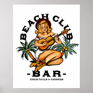 Beach Bar Poster. Retro Sailor Jerry Guitar Pinup Poster