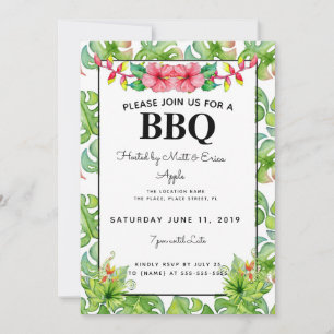 Beach BBQ Party, Barbecue tropical leaves Invitation