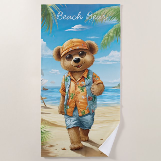 Beach Bear with sunglasses Beach Towel (Front)