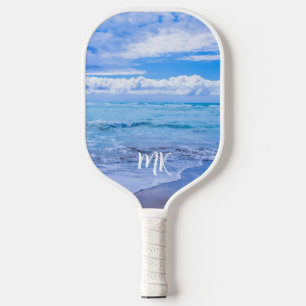 Beach Beautiful Blue Sky Clouds Monogrammed Pickleball Paddle