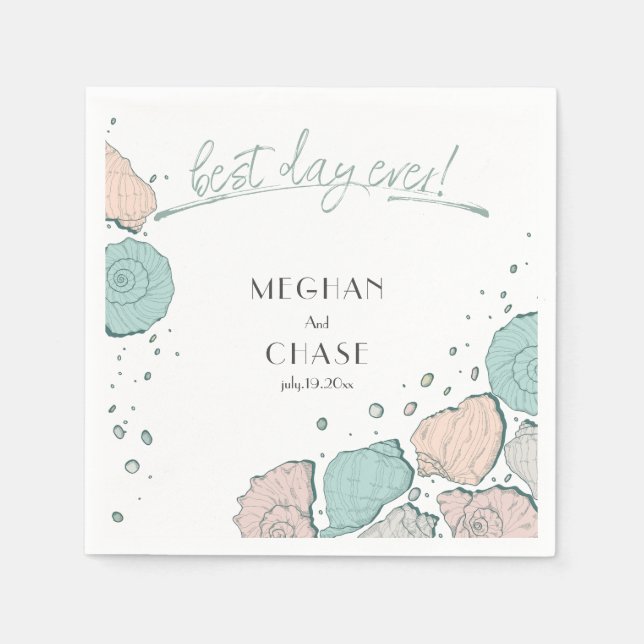 Beach Best Day Ever Seashells Coral and Teal Napkin (Front)