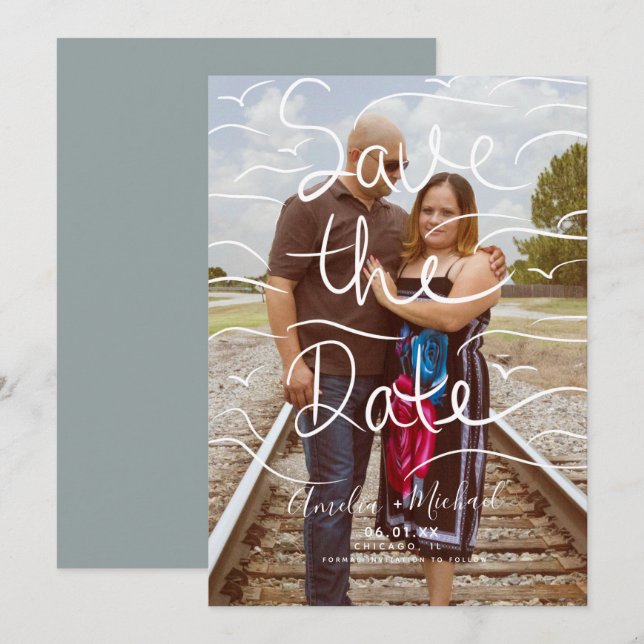 Beach Bird Hand Drawn Script Save the Date Photo (Front/Back)
