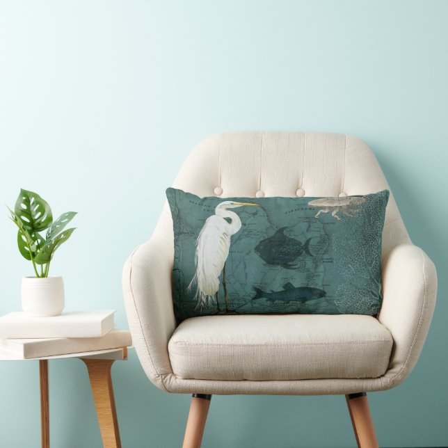 Beach Birds Nautical Ocean Map Watercolor Heron Lumbar Cushion (Chair)