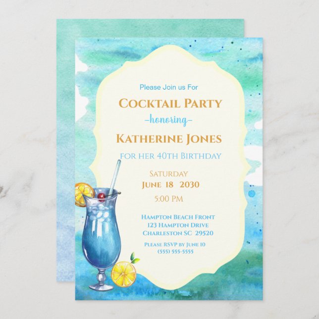 Beach Birthday Cocktail Party Blue Lagoon   Invitation (Front/Back)