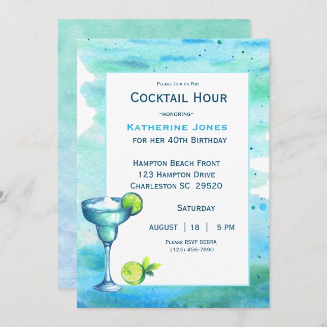 Beach Birthday Cocktail Party Margarita   Invitation (Front/Back)