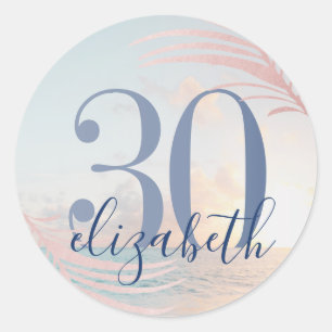 Beach Birthday Party Custom Age Name Favor Classic Round Sticker