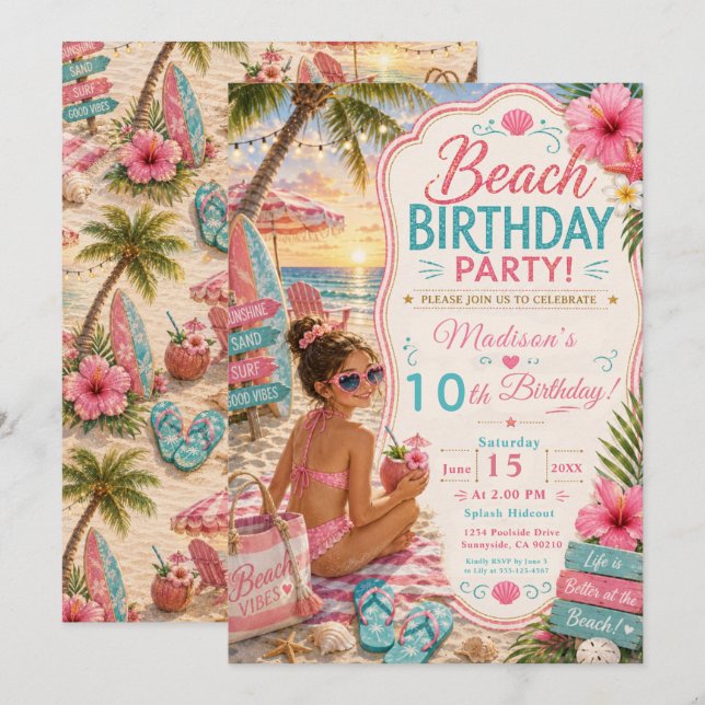 Beach Birthday Party Invitation (Front/Back)