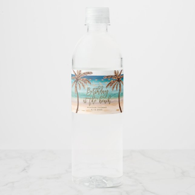 beach birthday tropical summer palm tree water bottle label (Front)