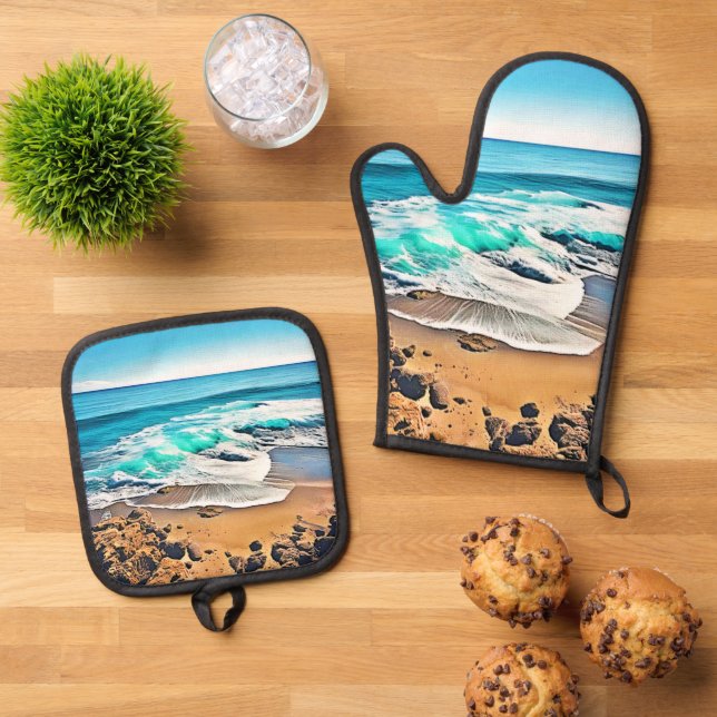 Beach Bliss: Ocean View Oven Mitt & Pot Holder Set (Top Down)