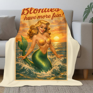 Beach Blonde Pin-Up Mermaid Art Retro Coastal Life Fleece Blanket