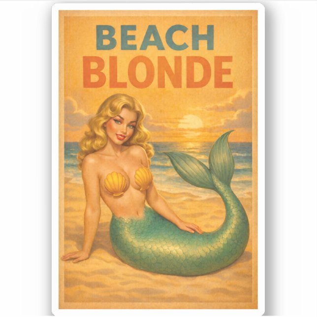 Beach Blonde Pin-Up Mermaid Retro Coastal Life Art (Front)