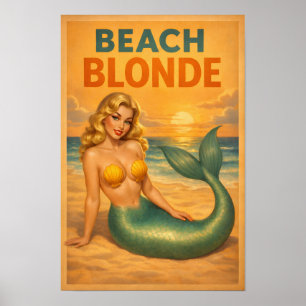 Beach Blonde Pin-Up Mermaid Retro Coastal Life Art Poster