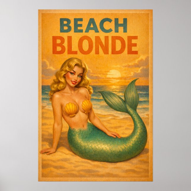 Beach Blonde Pin-Up Mermaid Retro Coastal Life Art Poster (Front)