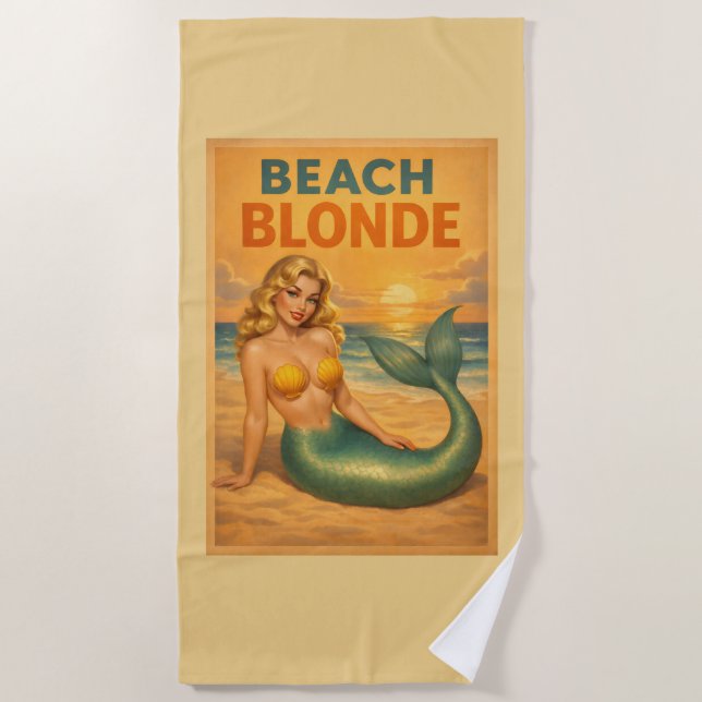 Beach Blonde Pin-Up Mermaid - Yellow Retro Coastal Beach Towel (Front)