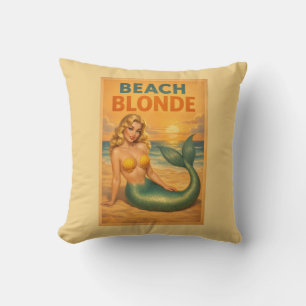 Beach Blonde Pin-Up Mermaid   Yellow Retro Coastal Cushion