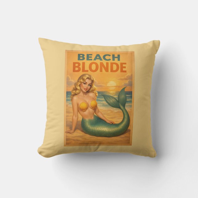 Beach Blonde Pin-Up Mermaid - Yellow Retro Coastal Cushion (Front)