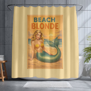 Beach Blonde Pin-Up Mermaid   Yellow Retro Coastal Shower Curtain