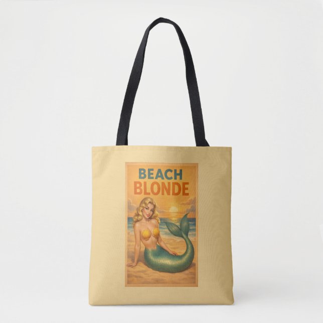 Beach Blonde Pin-Up Mermaid - Yellow Retro Coastal Tote Bag (Front)