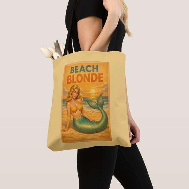 Beach Blonde Pin-Up Mermaid - Yellow Retro Coastal Tote Bag (Close Up)