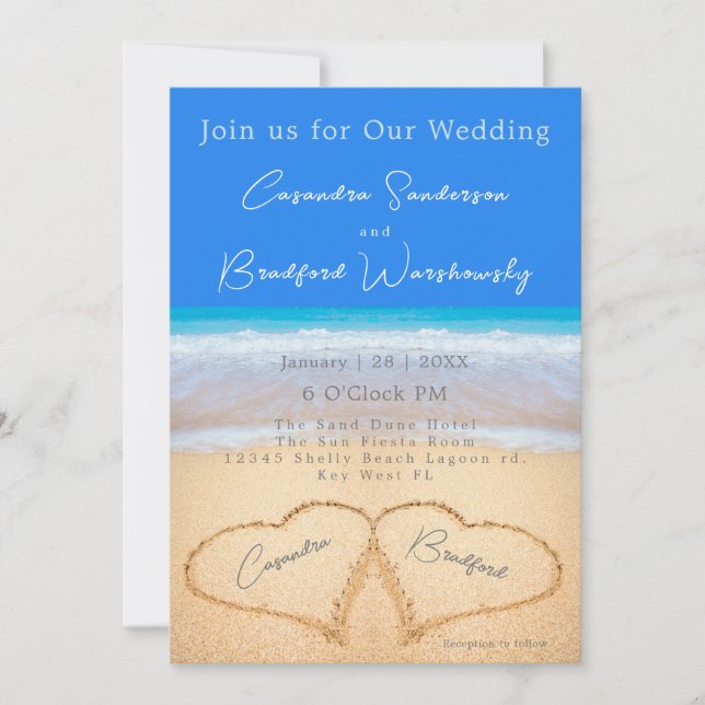 Beach Blue 2 Hearts in the Sand Wedding  Invitation (Front)