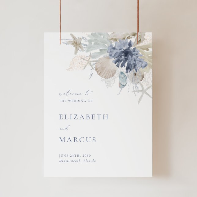 Beach Blue Acrylic Wedding Welcome Sign (coastal acrylic wedding welcome sign with seashells, coral, starfish, and elegant blue typography)