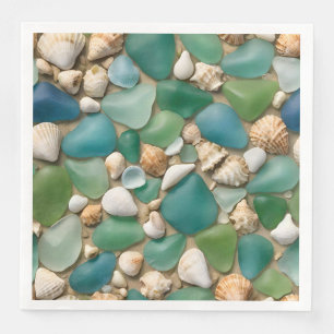 Beach Blue and Green Sea Glass and Seashells Napkin