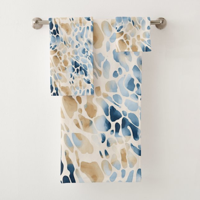 Beach Blue and Tan Wave Pattern Bath Towel Set (Insitu)