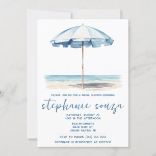 Beach, Blue and White Umbrella, Bridal Shower Invitation
